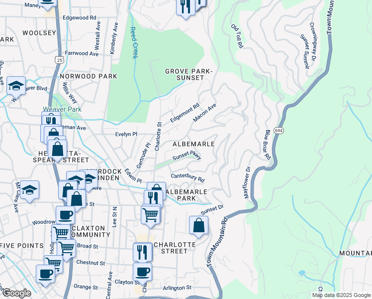 map of restaurants, bars, coffee shops, grocery stores, and more near 57 Macon Avenue in Asheville