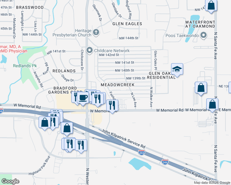 map of restaurants, bars, coffee shops, grocery stores, and more near 716 Northwest 138th Street in Edmond