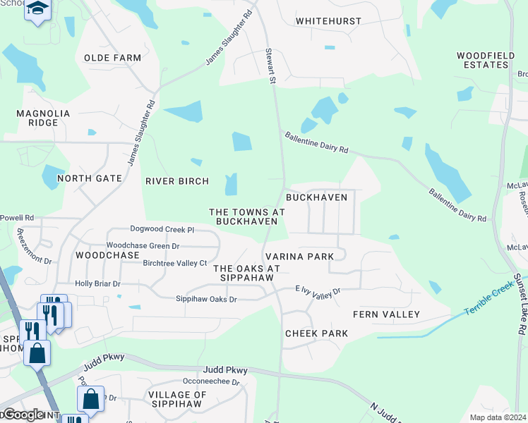 map of restaurants, bars, coffee shops, grocery stores, and more near 735 Whitetail Creek Way in Fuquay Varina
