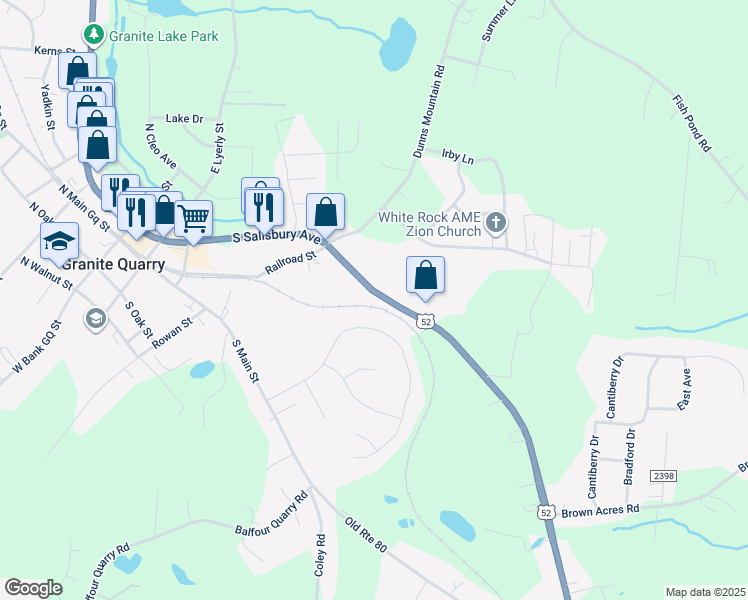 map of restaurants, bars, coffee shops, grocery stores, and more near 720 South Salisbury Gq Avenue in Granite Quarry