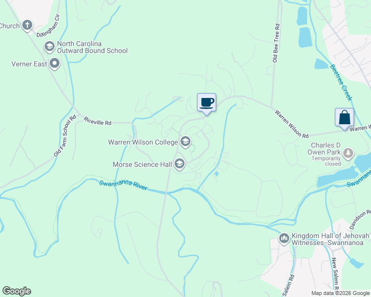 map of restaurants, bars, coffee shops, grocery stores, and more near 701 Warren Wilson Road in Swannanoa