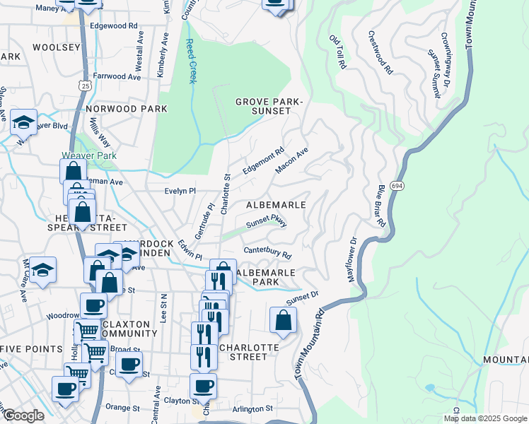 map of restaurants, bars, coffee shops, grocery stores, and more near 57 Macon Avenue in Asheville
