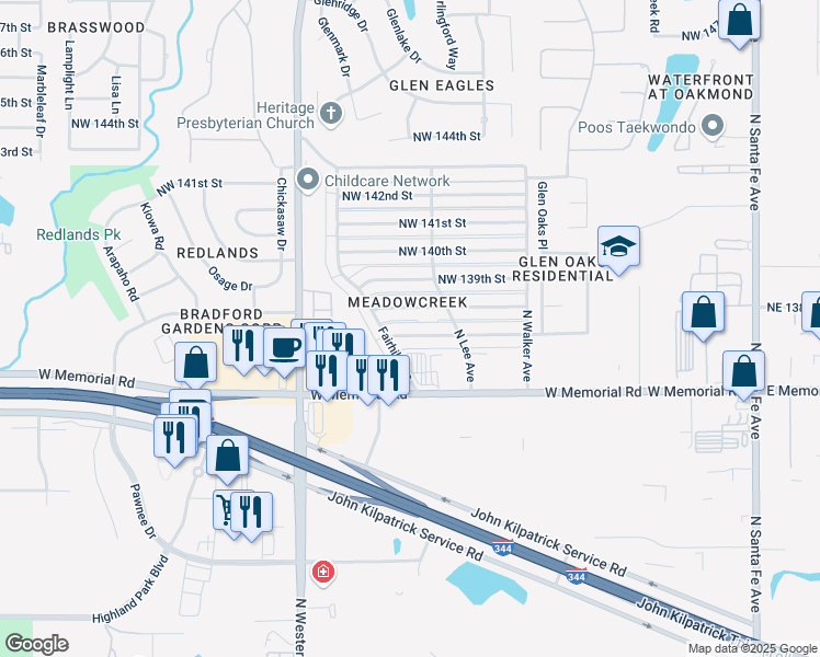 map of restaurants, bars, coffee shops, grocery stores, and more near 716 Northwest 138th Street in Edmond