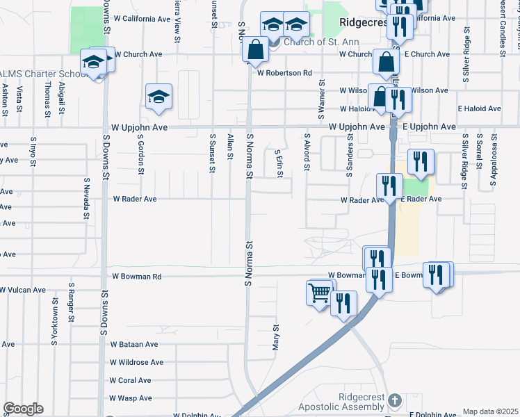 map of restaurants, bars, coffee shops, grocery stores, and more near in Ridgecrest