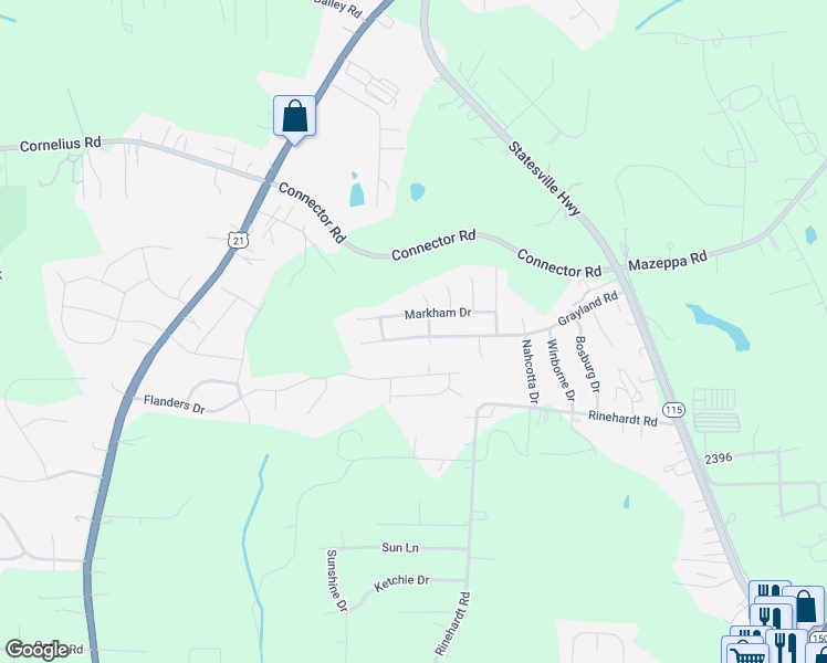 map of restaurants, bars, coffee shops, grocery stores, and more near 250 Grayland Road in Mooresville