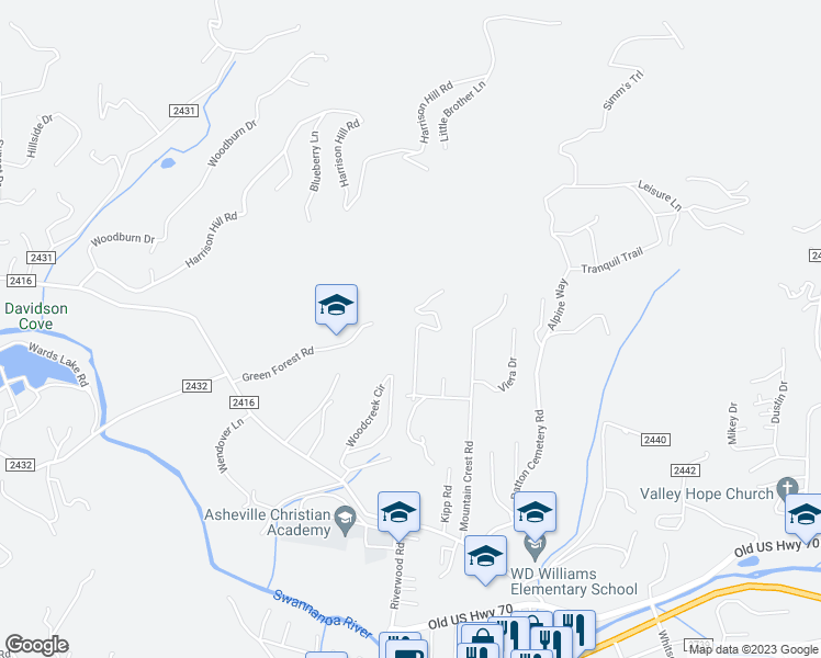 map of restaurants, bars, coffee shops, grocery stores, and more near 54 Huntington Drive in Swannanoa