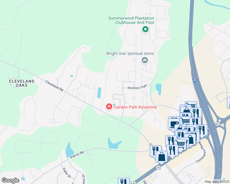 map of restaurants, bars, coffee shops, grocery stores, and more near 165 Reunion Court in Garner