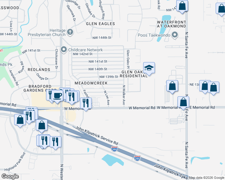 map of restaurants, bars, coffee shops, grocery stores, and more near 520 Northwest 138th Street in Edmond