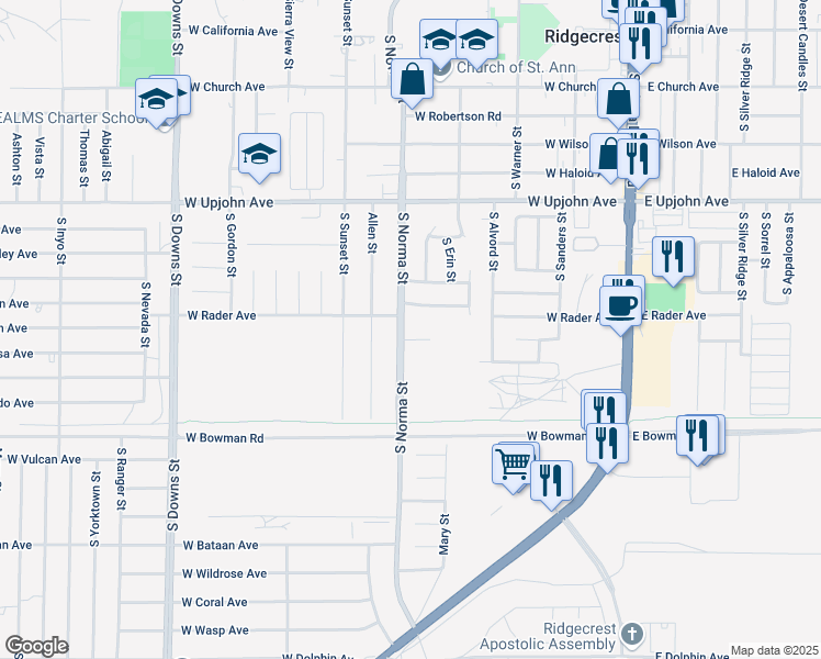 map of restaurants, bars, coffee shops, grocery stores, and more near in Ridgecrest