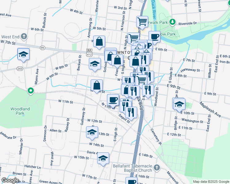 map of restaurants, bars, coffee shops, grocery stores, and more near 320 West 10th Street in Columbia
