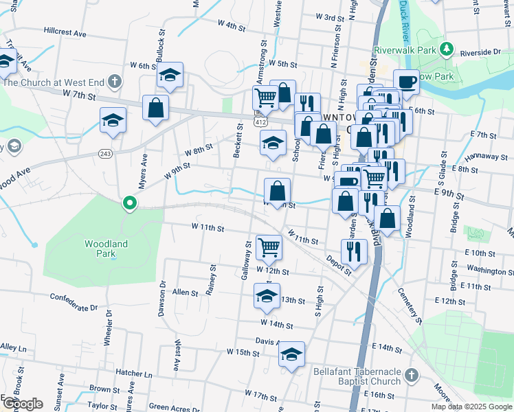 map of restaurants, bars, coffee shops, grocery stores, and more near 427 West 10th Street in Columbia