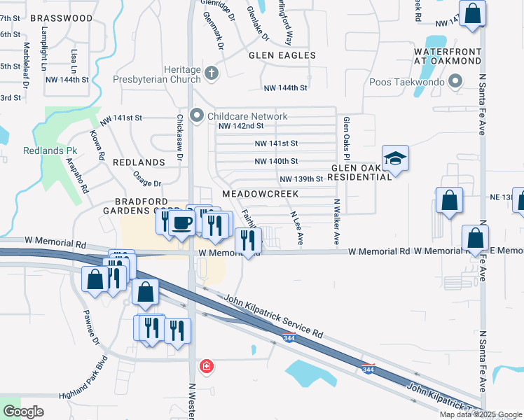 map of restaurants, bars, coffee shops, grocery stores, and more near 716 Northwest 138th Street in Edmond
