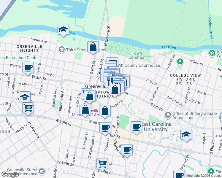 map of restaurants, bars, coffee shops, grocery stores, and more near 498 State Road 1702 in Greenville