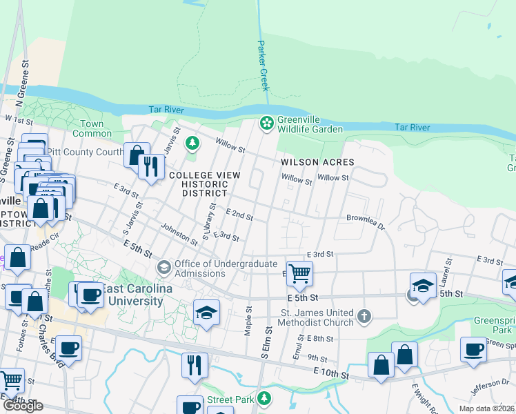map of restaurants, bars, coffee shops, grocery stores, and more near 1309 East 1st Street in Greenville