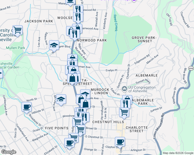 map of restaurants, bars, coffee shops, grocery stores, and more near 144 Murdock Avenue in Asheville