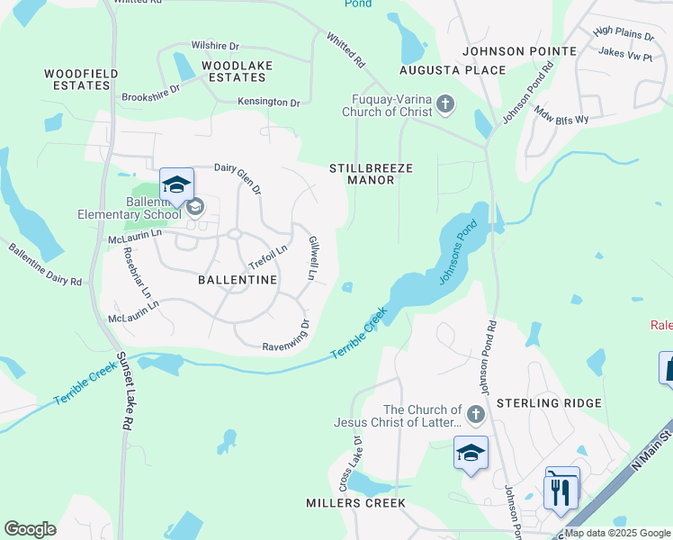 map of restaurants, bars, coffee shops, grocery stores, and more near 8120 Stillbreeze Drive in Fuquay Varina