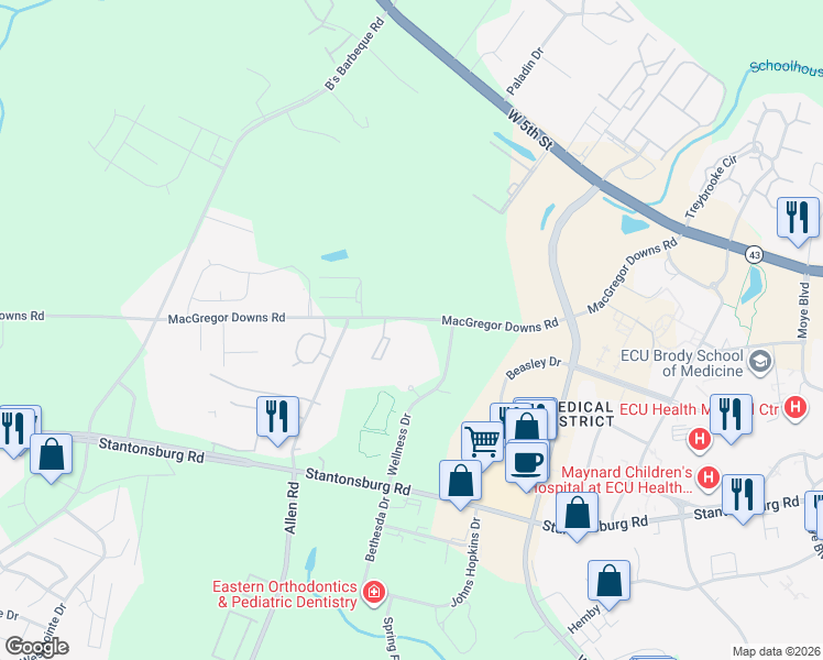 map of restaurants, bars, coffee shops, grocery stores, and more near 2621 Macgregor Downs Road in Greenville