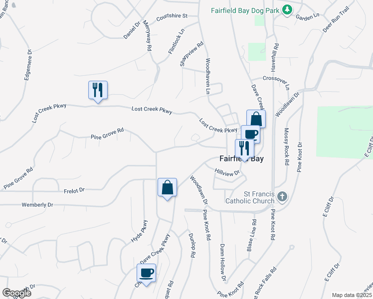 map of restaurants, bars, coffee shops, grocery stores, and more near 127 Richwood Drive in Fairfield Bay