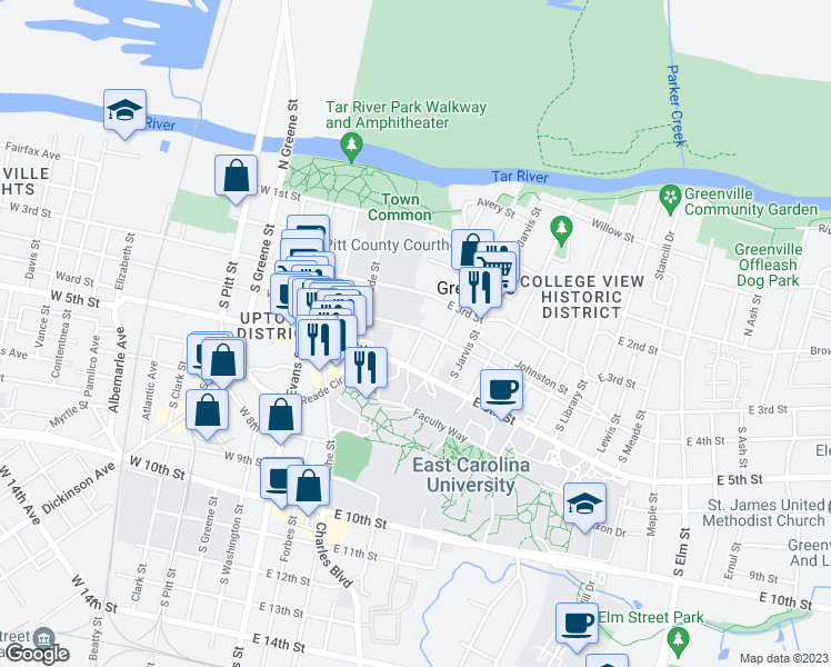 map of restaurants, bars, coffee shops, grocery stores, and more near 400 South Holly Street in Greenville