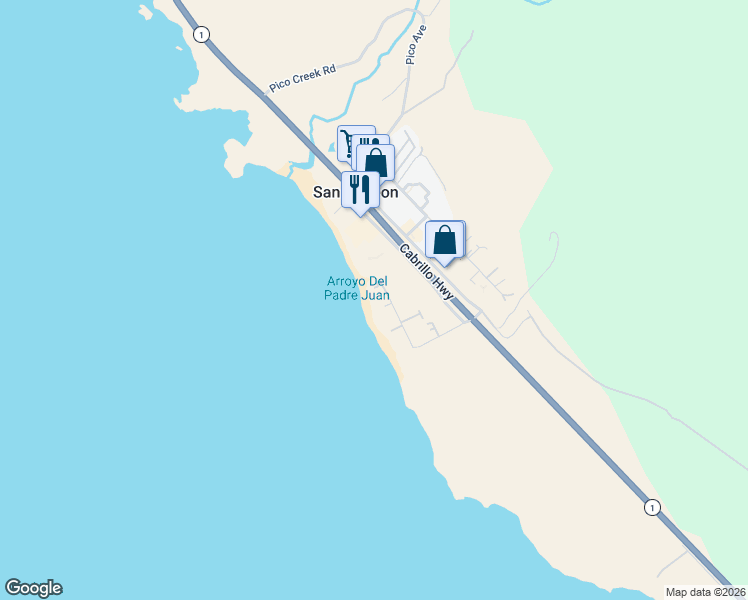 map of restaurants, bars, coffee shops, grocery stores, and more near 9231 Balboa Avenue in San Simeon