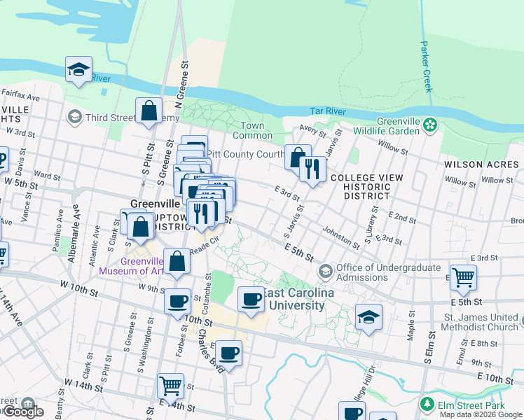 map of restaurants, bars, coffee shops, grocery stores, and more near in Greenville