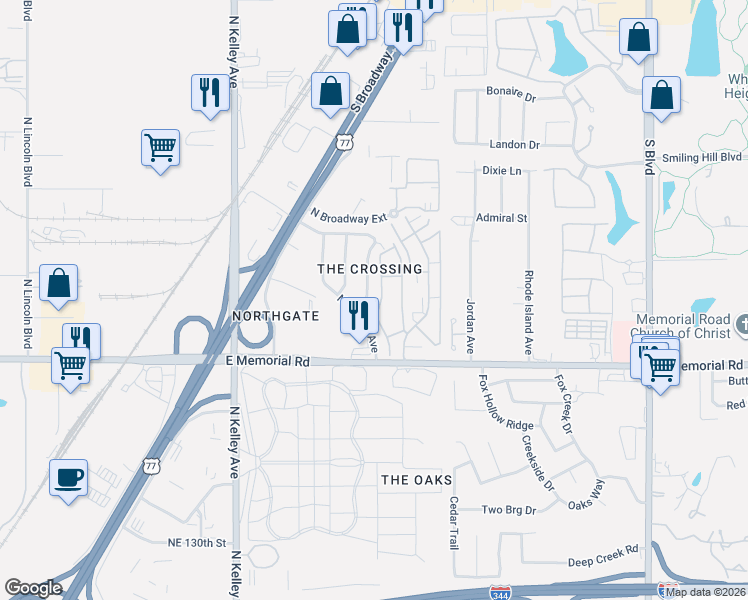map of restaurants, bars, coffee shops, grocery stores, and more near 13919 Crossing Way West in Edmond