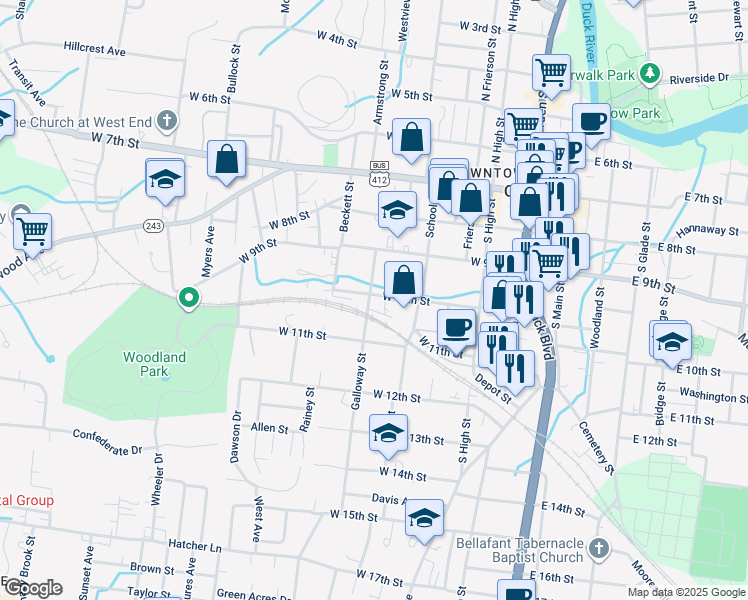 map of restaurants, bars, coffee shops, grocery stores, and more near 427 West 10th Street in Columbia
