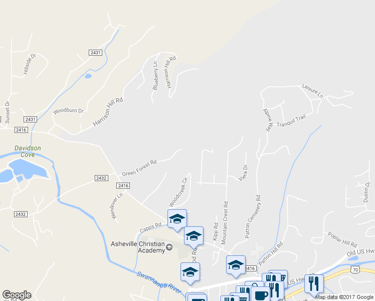 map of restaurants, bars, coffee shops, grocery stores, and more near 80 Green Forest Road in Swannanoa