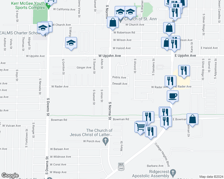 map of restaurants, bars, coffee shops, grocery stores, and more near 704 South Norma Street in Ridgecrest