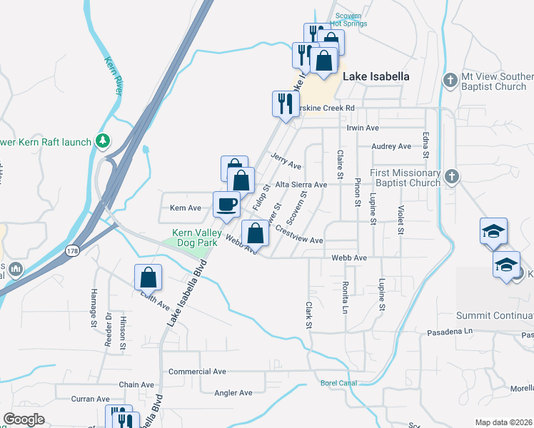 map of restaurants, bars, coffee shops, grocery stores, and more near 2700 Flower Street in Lake Isabella