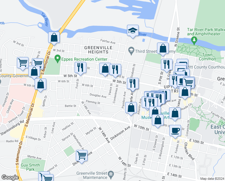 map of restaurants, bars, coffee shops, grocery stores, and more near 904 Imperial St in Greenville