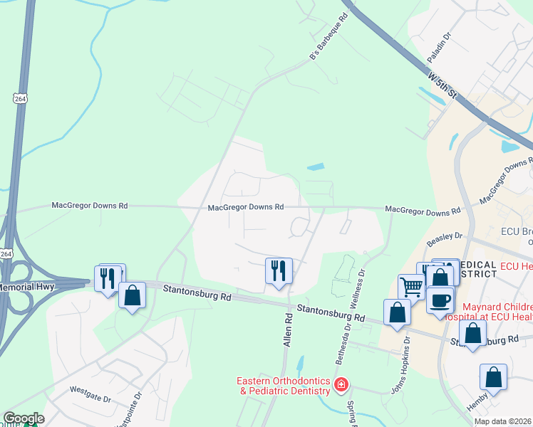 map of restaurants, bars, coffee shops, grocery stores, and more near 2915 Macgregor Downs Road in Greenville