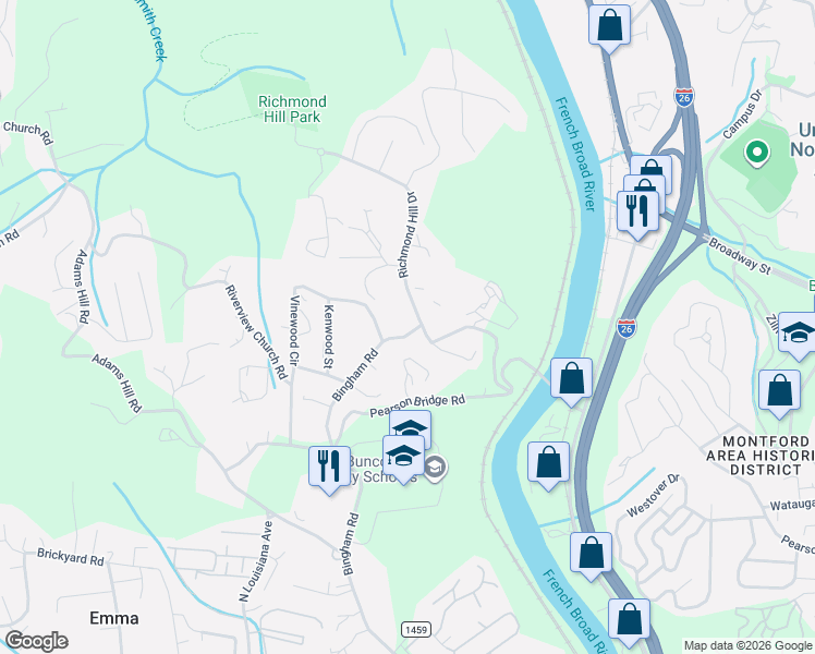 map of restaurants, bars, coffee shops, grocery stores, and more near 144 Richmond Hill Drive in Asheville