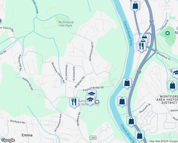 map of restaurants, bars, coffee shops, grocery stores, and more near 144 Richmond Hill Drive in Asheville