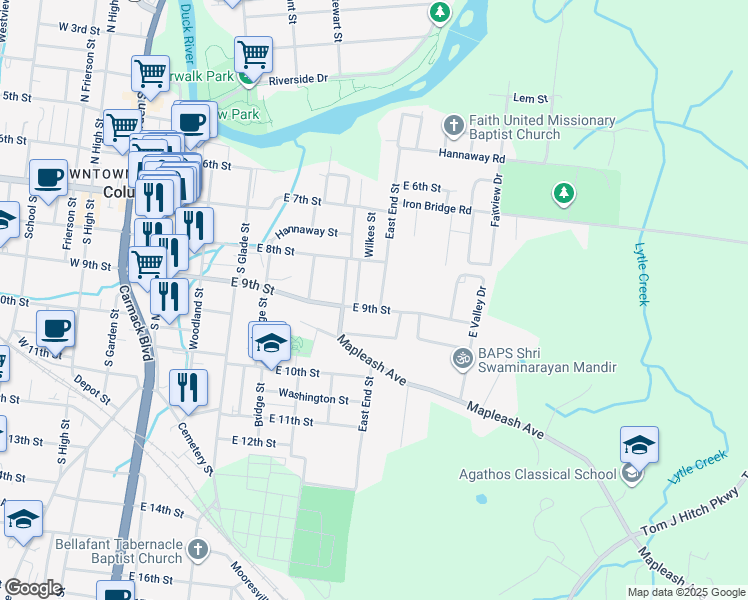 map of restaurants, bars, coffee shops, grocery stores, and more near 915 Woodside Street in Columbia