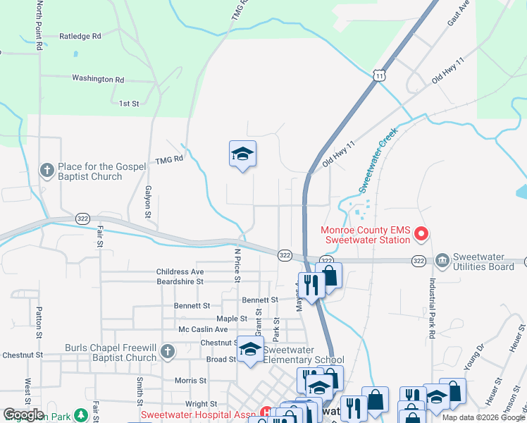 map of restaurants, bars, coffee shops, grocery stores, and more near 313 West Central Avenue in Sweetwater
