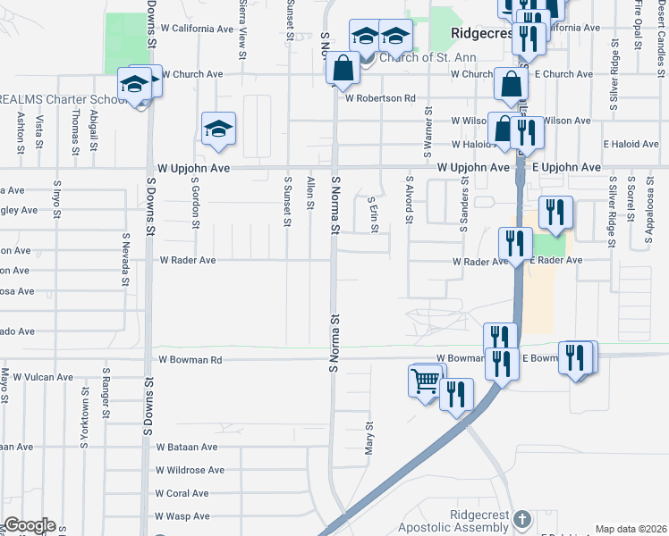 map of restaurants, bars, coffee shops, grocery stores, and more near 501 West Rader Avenue in Ridgecrest