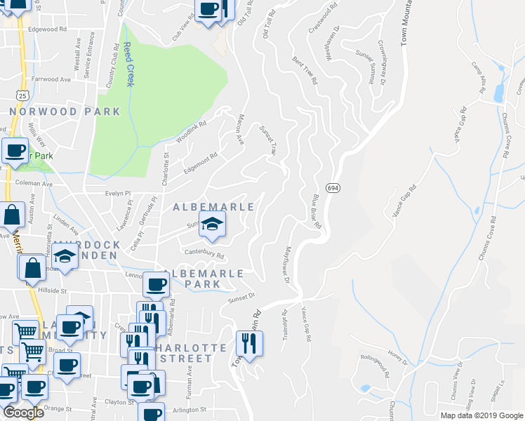 map of restaurants, bars, coffee shops, grocery stores, and more near 337 Sunset Drive in Asheville