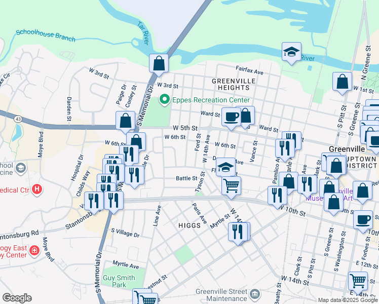 map of restaurants, bars, coffee shops, grocery stores, and more near 611 Hudson Street in Greenville