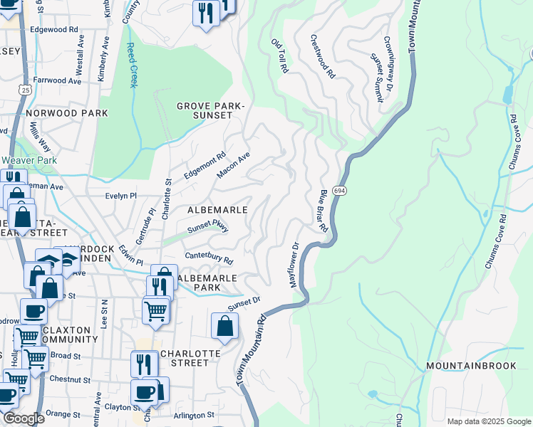 map of restaurants, bars, coffee shops, grocery stores, and more near 337 Sunset Drive in Asheville