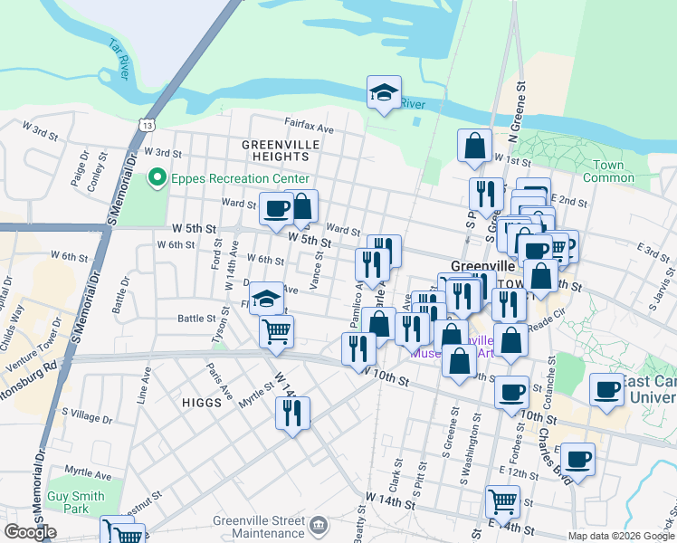 map of restaurants, bars, coffee shops, grocery stores, and more near 503 Contentnea Street in Greenville