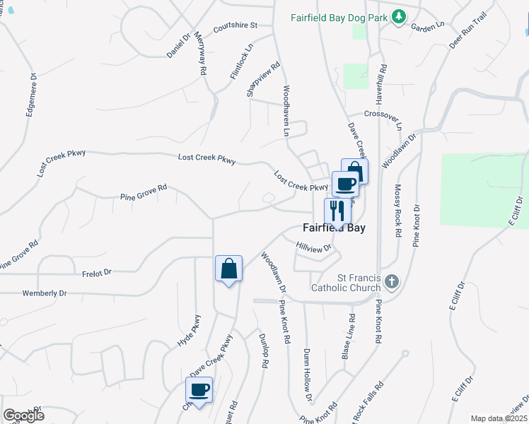 map of restaurants, bars, coffee shops, grocery stores, and more near 127 Richwood Drive in Fairfield Bay