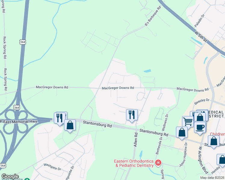 map of restaurants, bars, coffee shops, grocery stores, and more near 3001 Macgregor Downs Road in Greenville