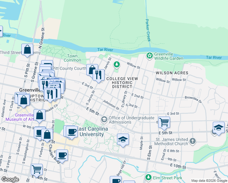 map of restaurants, bars, coffee shops, grocery stores, and more near 805 East 3rd Street in Greenville