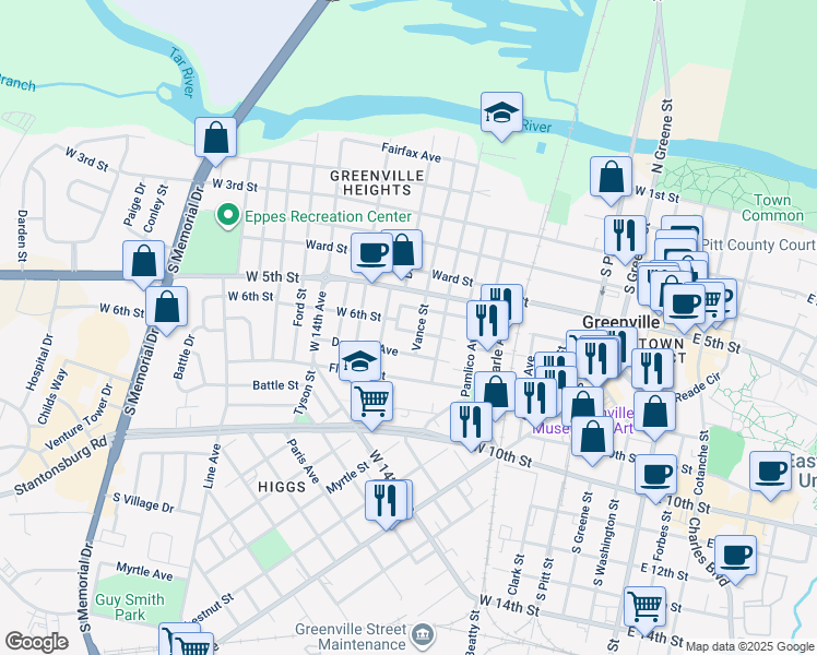 map of restaurants, bars, coffee shops, grocery stores, and more near 904 Imperial Street in Greenville