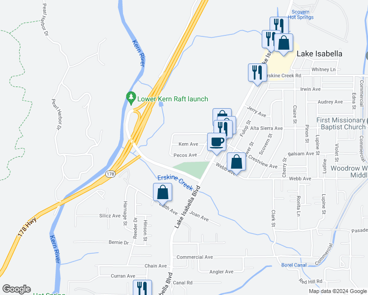 map of restaurants, bars, coffee shops, grocery stores, and more near 2028 Kem Avenue in Lake Isabella