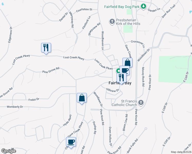 map of restaurants, bars, coffee shops, grocery stores, and more near 122 Shorthaven Lane in Fairfield Bay