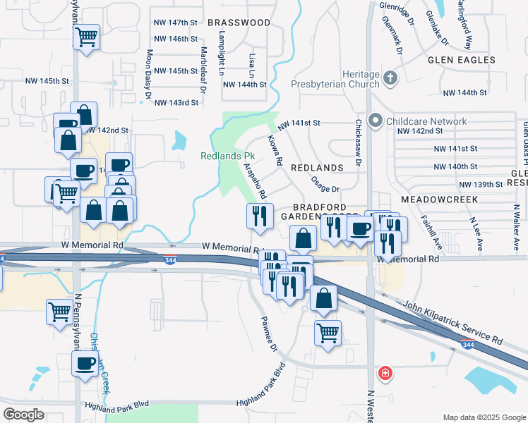 map of restaurants, bars, coffee shops, grocery stores, and more near 13821 Pawnee Drive in Edmond