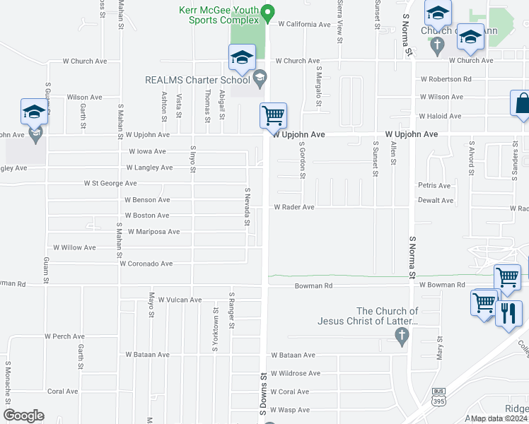 map of restaurants, bars, coffee shops, grocery stores, and more near 901 West Rader Avenue in Ridgecrest