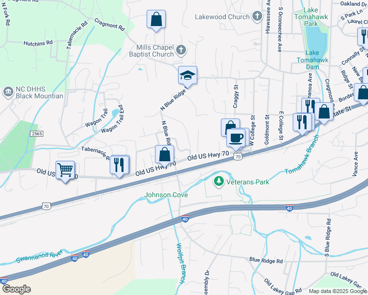 map of restaurants, bars, coffee shops, grocery stores, and more near 112 Owenby Ln in Black Mountain